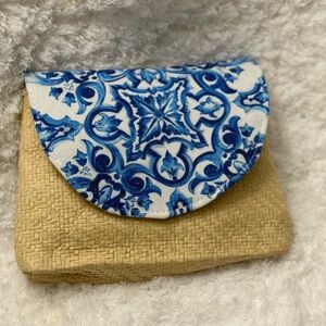Blue and Tan Patterned Clutch